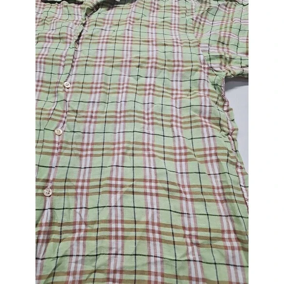Vtg Burberry Men's Short Sleeve Linen Button Up Green Beige Check USA Made Sz XL - Picture 5 of 13